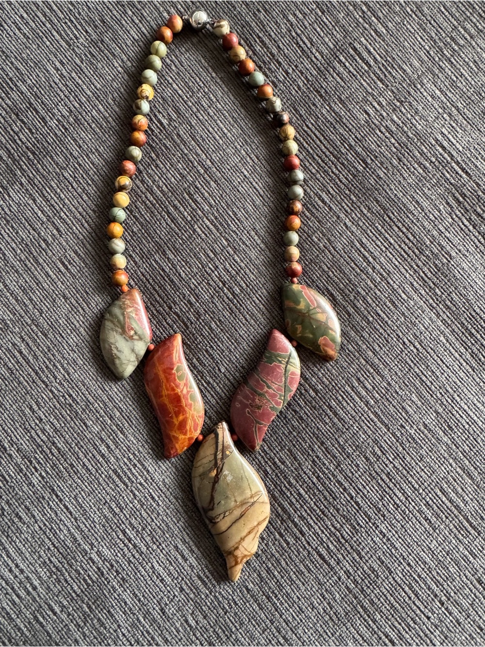Multicolor Jasper Leaf Pendant Necklace - Earth Tone Beaded Design